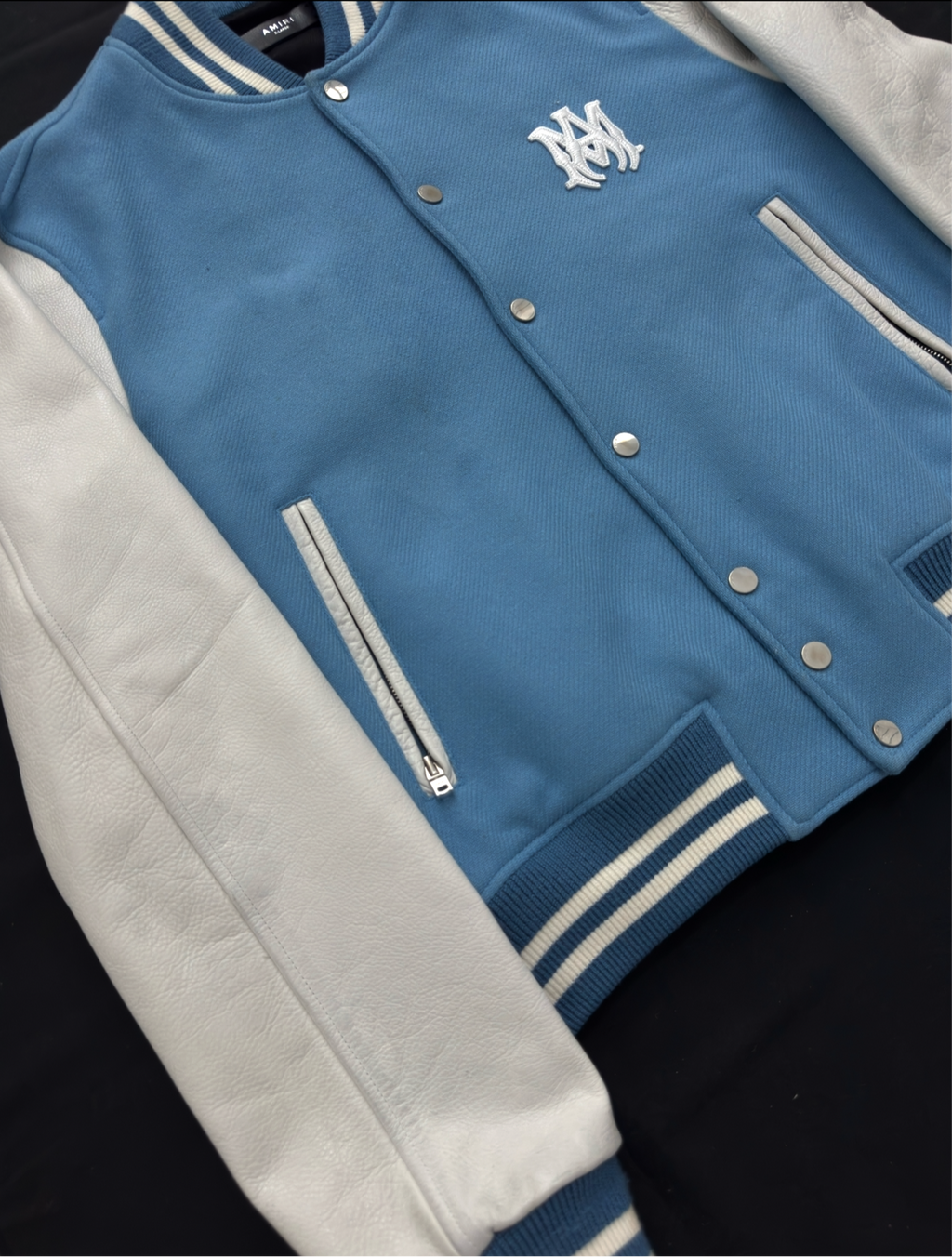 AMIRI Varsity Leather Jacket Light Blue/White - Size XL