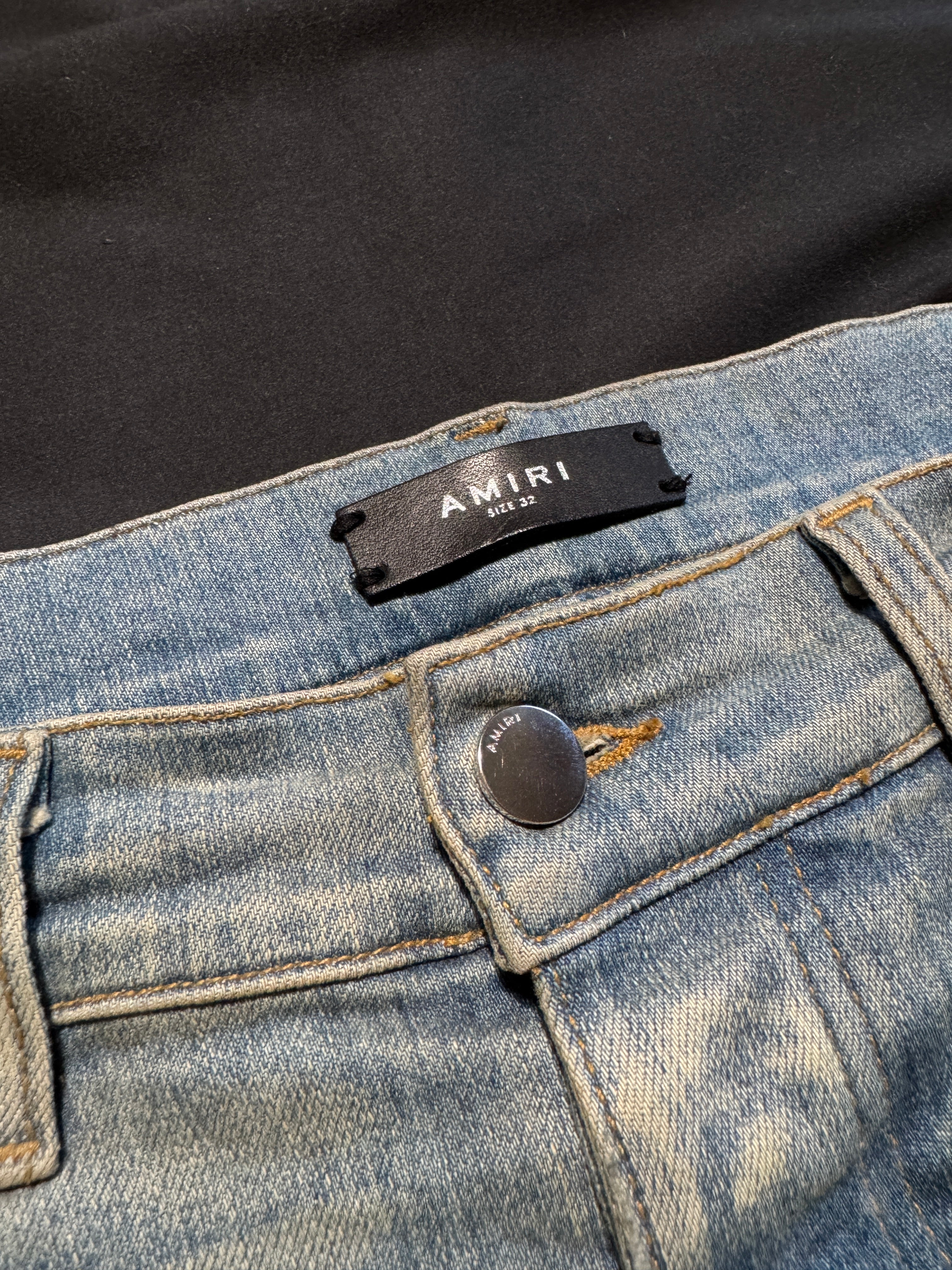 Amiri Mx1 Light Wash Green Plaid Patch Jeans