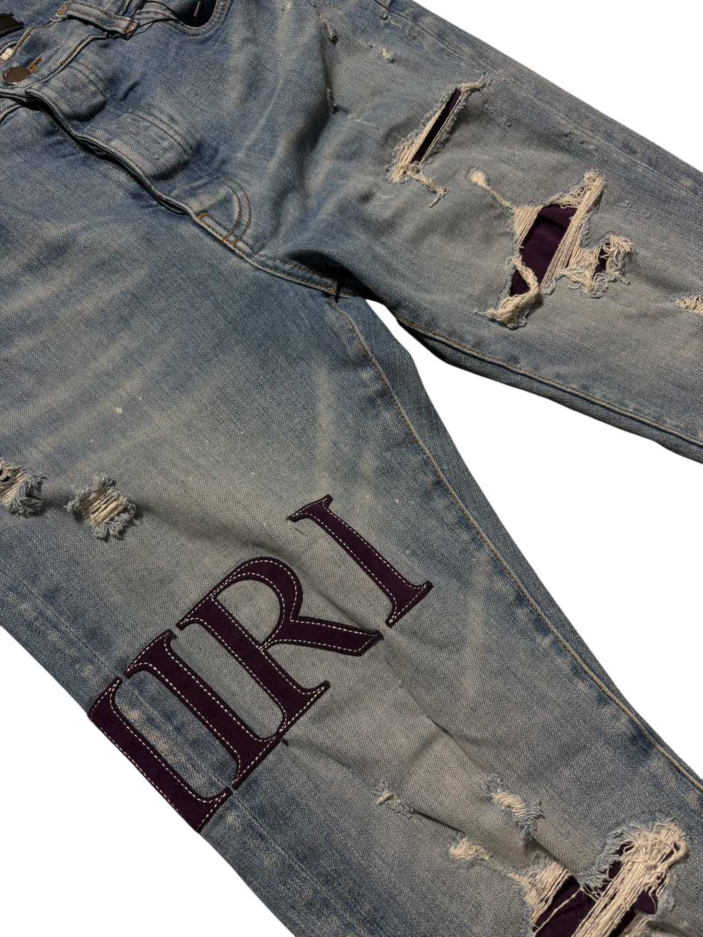 Amiri Mx1 Light Wash Serif Logo Purple Patch Jeans - Size 34