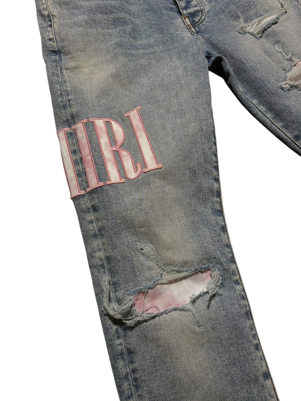 Amiri Pink Side Logo Light Wash Blue Jeans