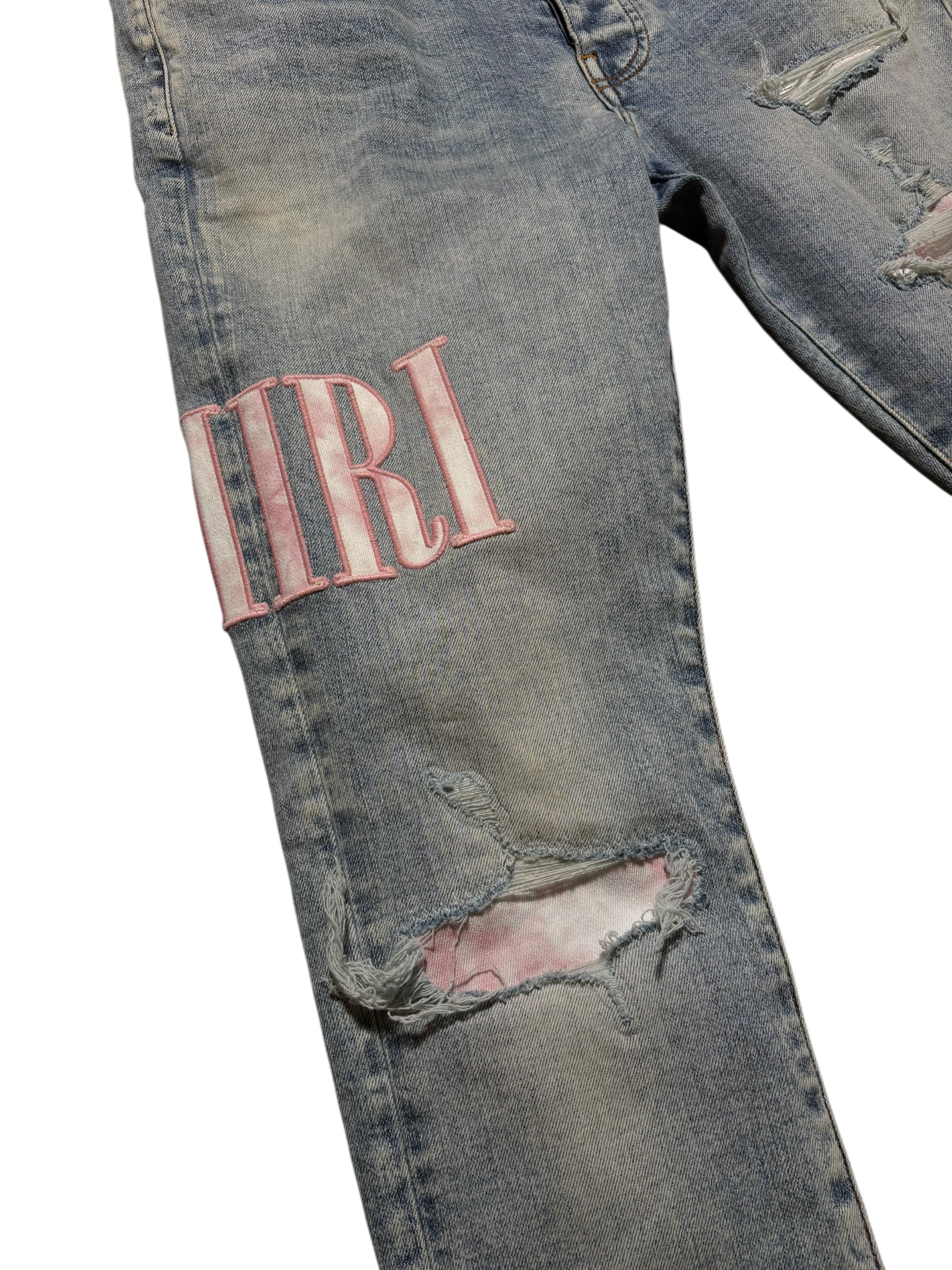 Amiri Pink Side Logo Light Wash Blue Jeans