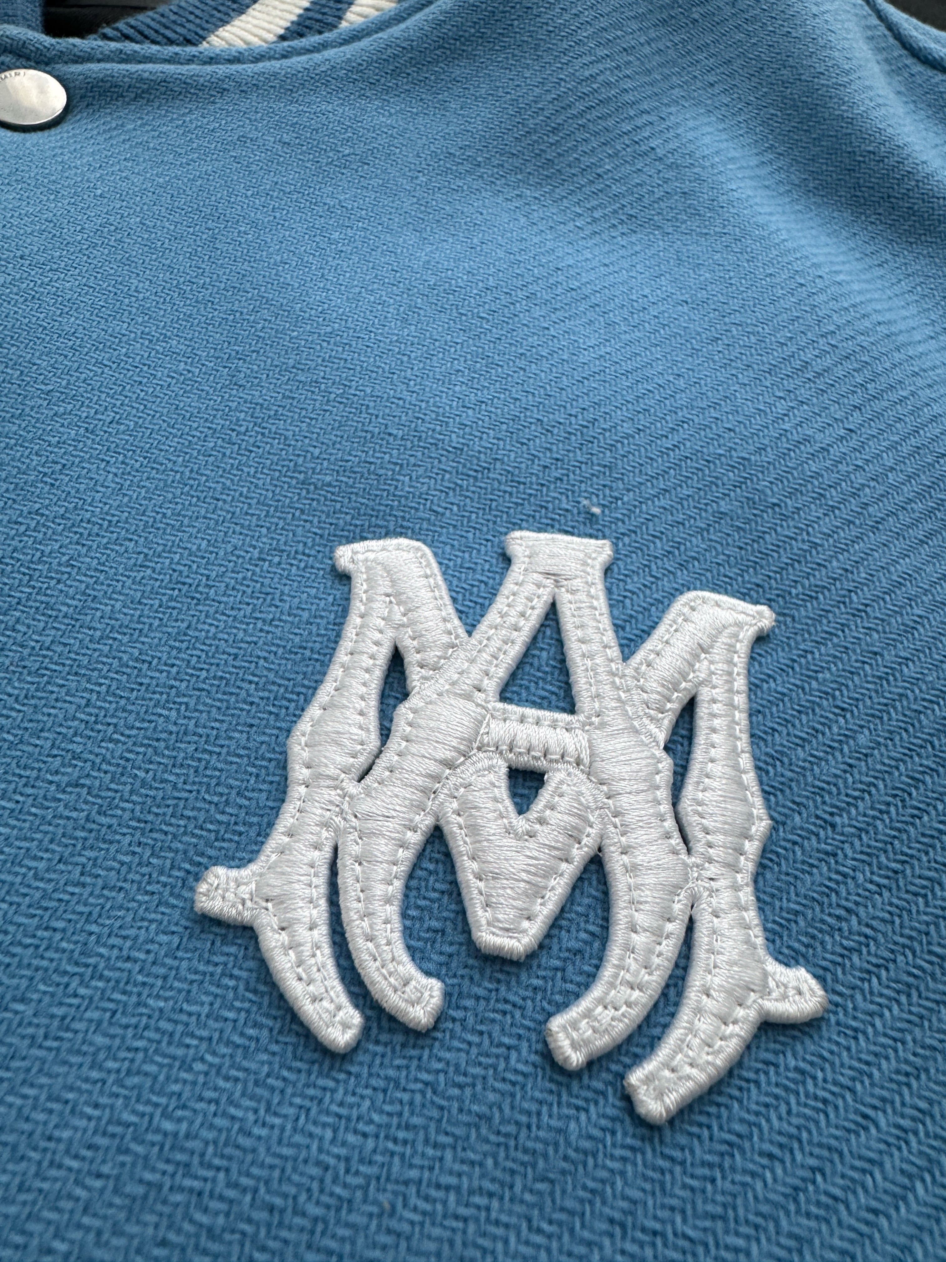 AMIRI Varsity Leather Jacket Light Blue/White - Size XL