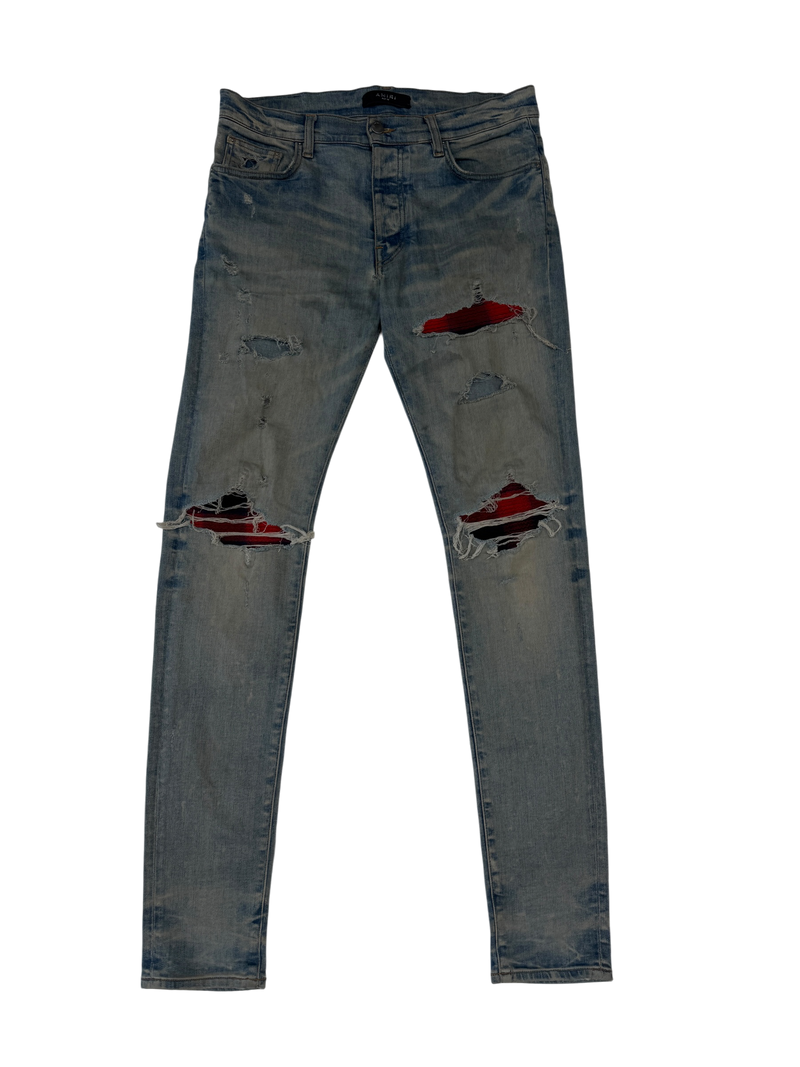 Amiri Mx1 Red Plaid Flannel Patch LightWash Denim - Size 32
