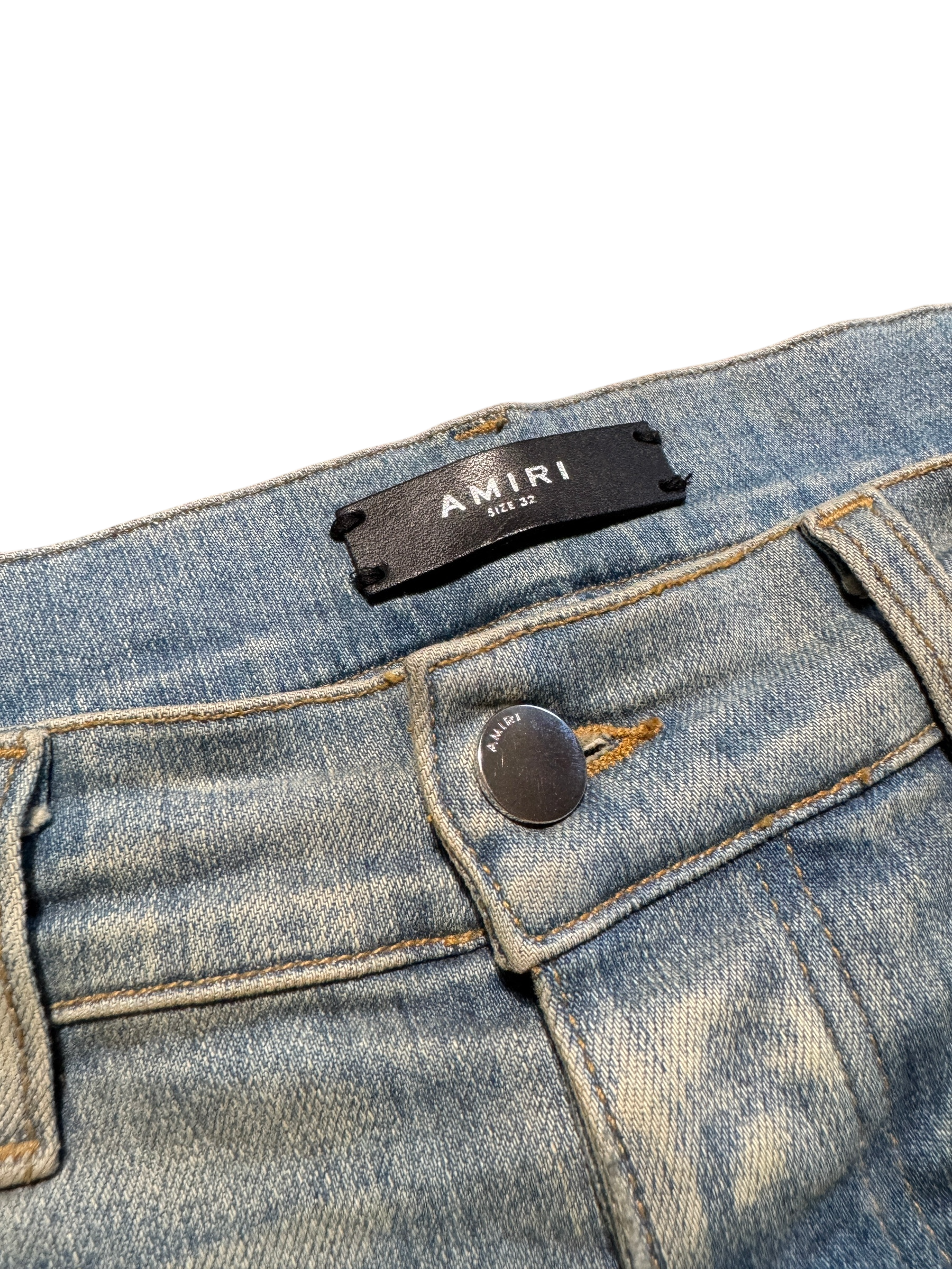 Amiri Mx1 Light Wash Green Plaid Patch Jeans