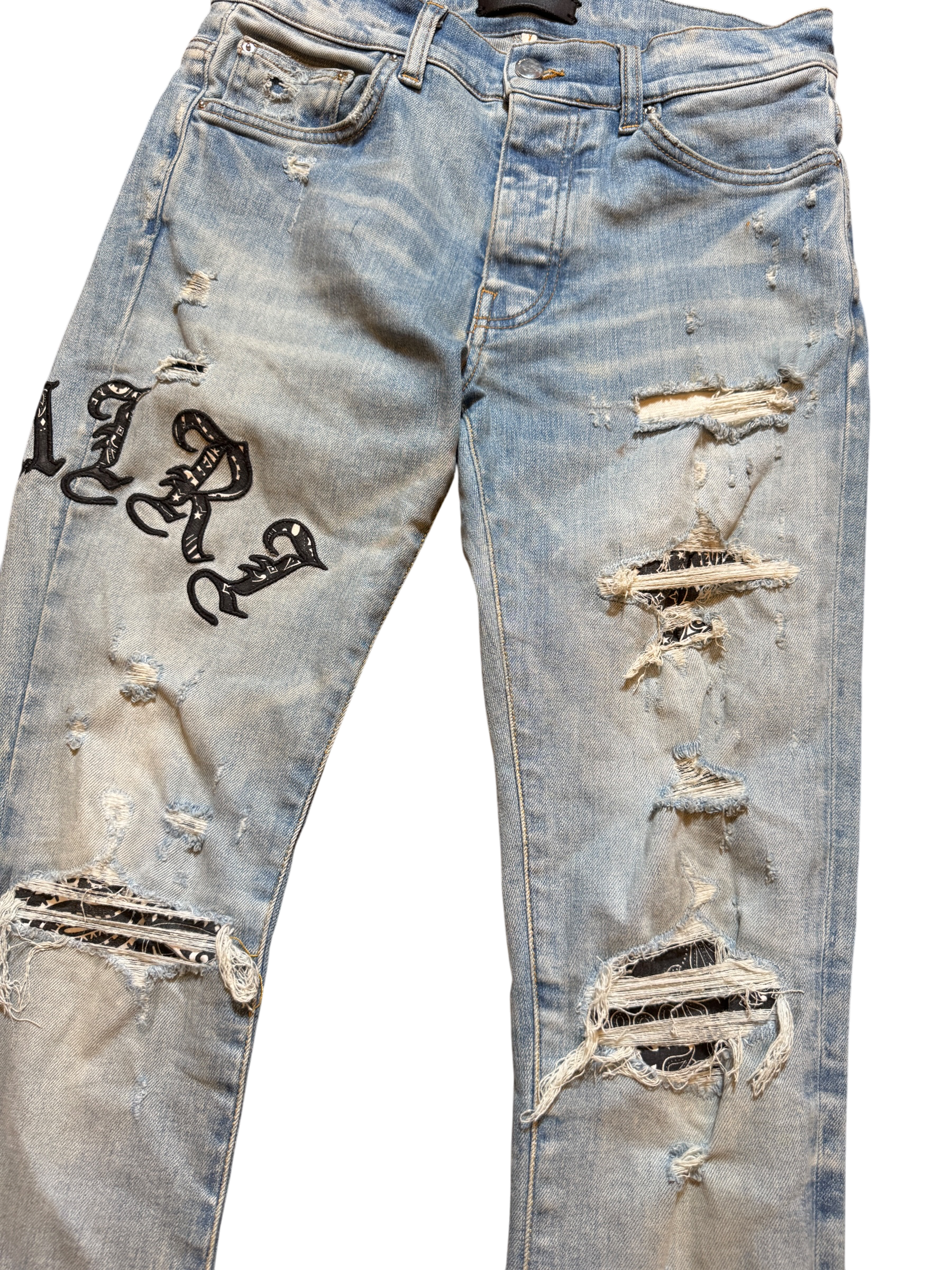 Amiri Old English Bandana Logo LightWash Jeans - Size 29