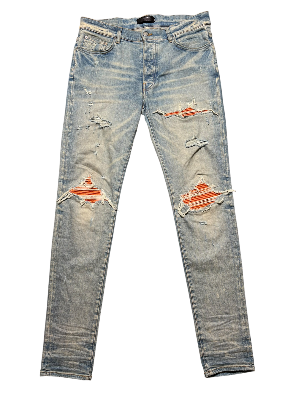 Amiri MX1 LightWash Orange Crackle Patch Jeans