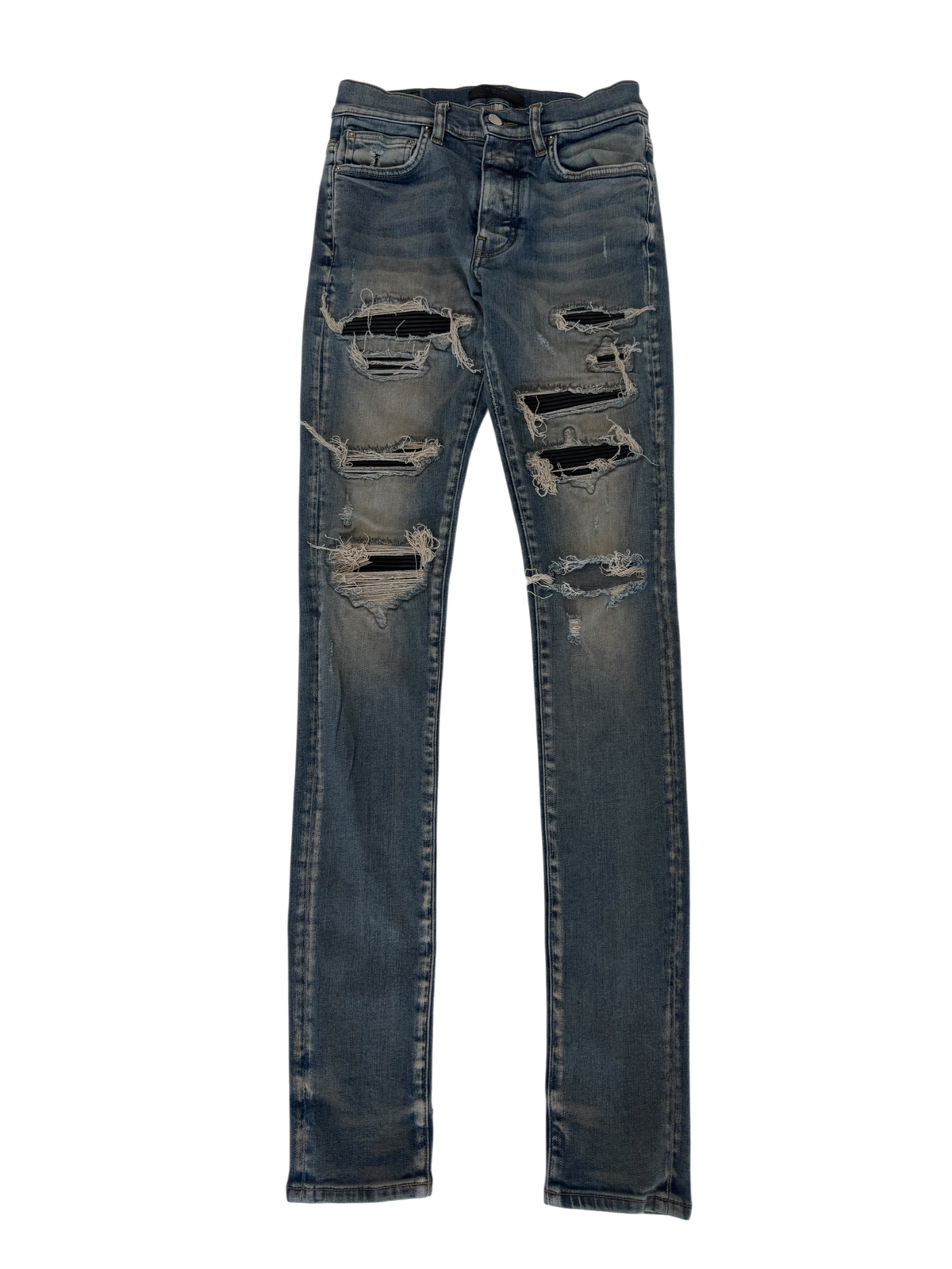 Amiri MX1 Thrasher Black Patch Light Wash Jeans