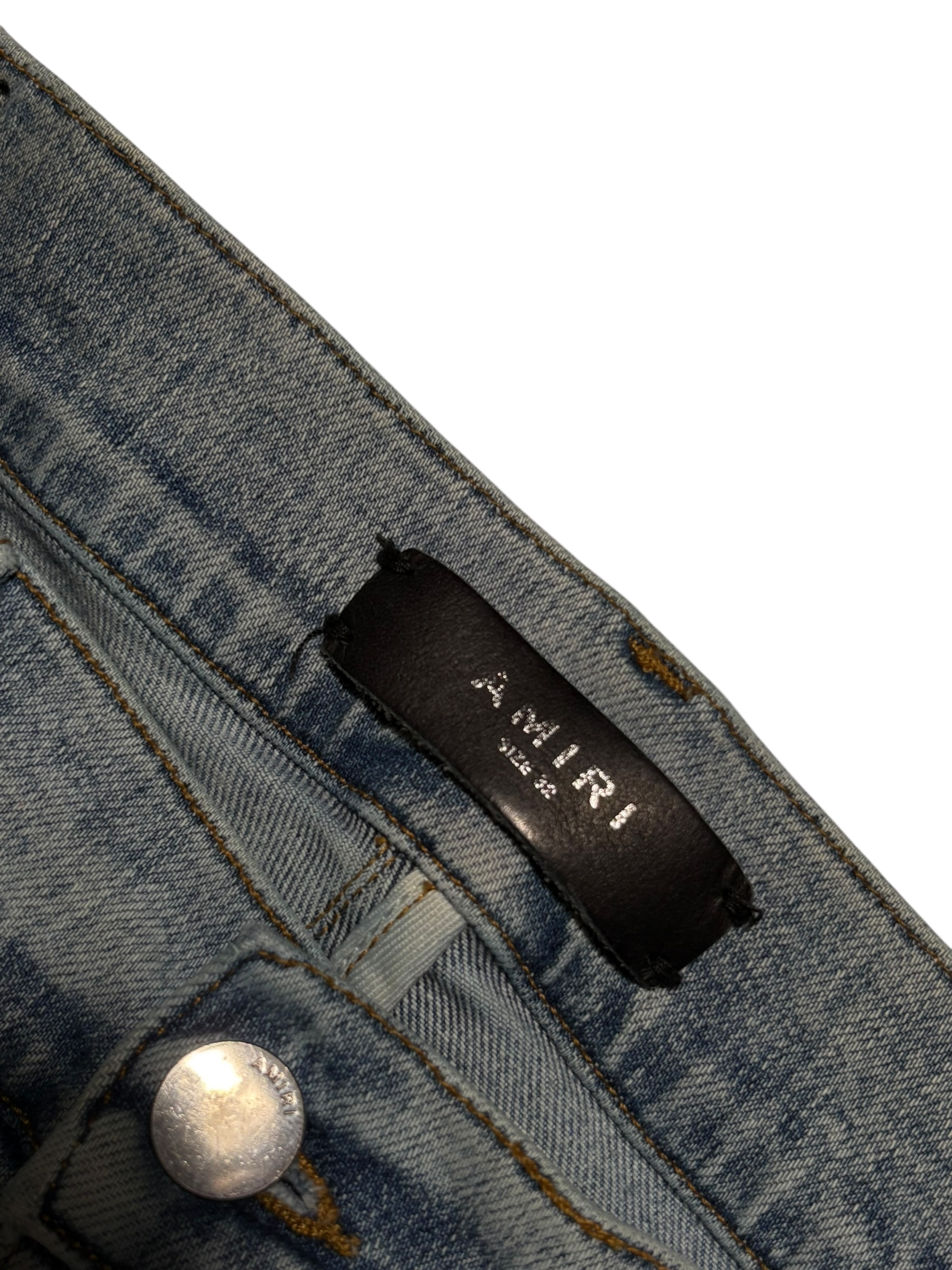 Amiri Pink Side Logo Light Wash Blue Jeans